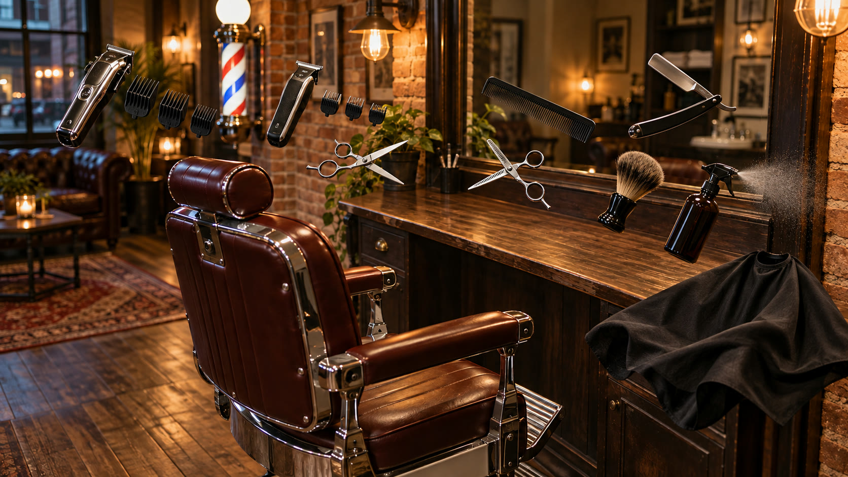 A barber chair with clippers, scissors, razor, comb and brush floating around it