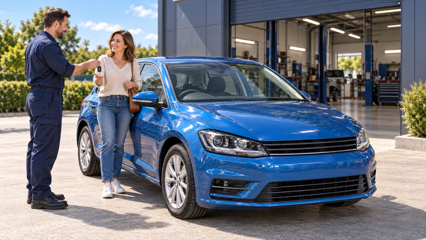 A customer collecting the keys to her repaired blue car outside the workshop