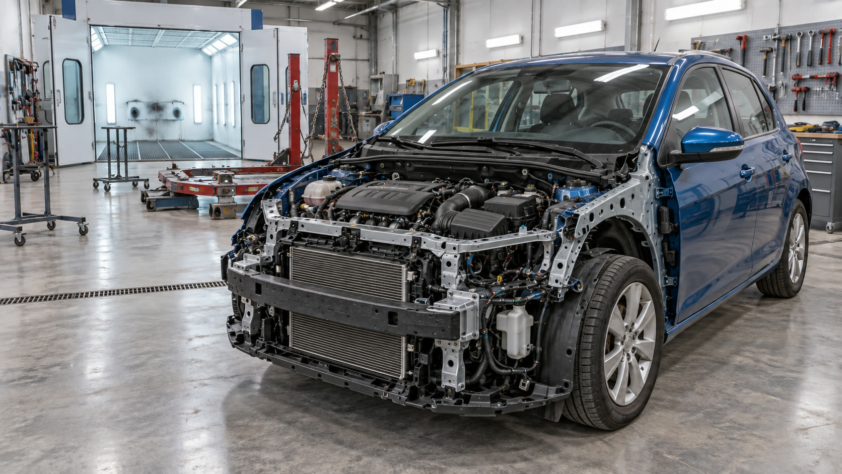 A damaged blue car in a bodyshop with its front panels removed