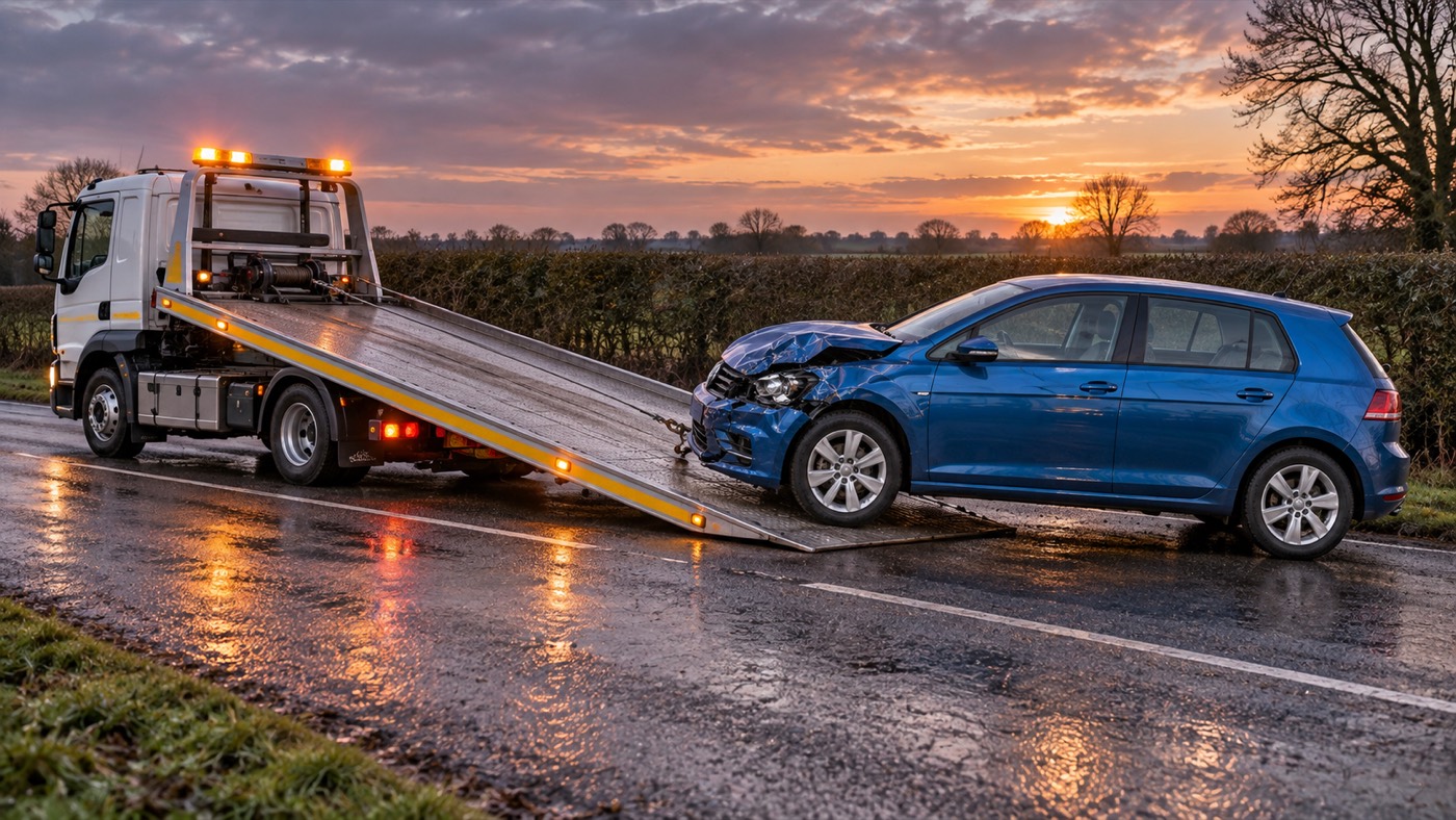 A damaged blue hatchback about to be winched onto a recovery truck at dusk
