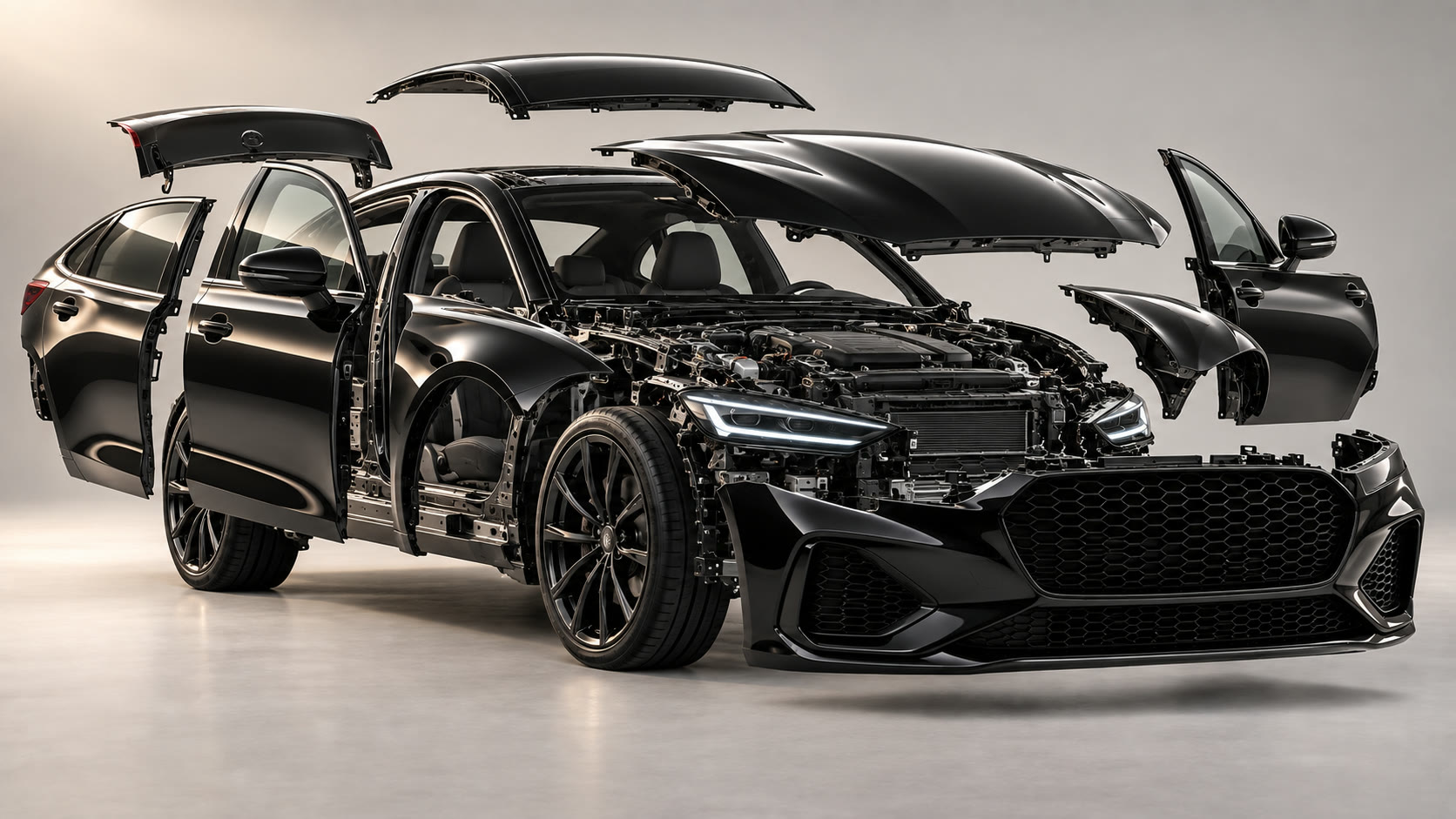 A black car with its body panels lifted away: bonnet, doors, wings, bumpers and boot