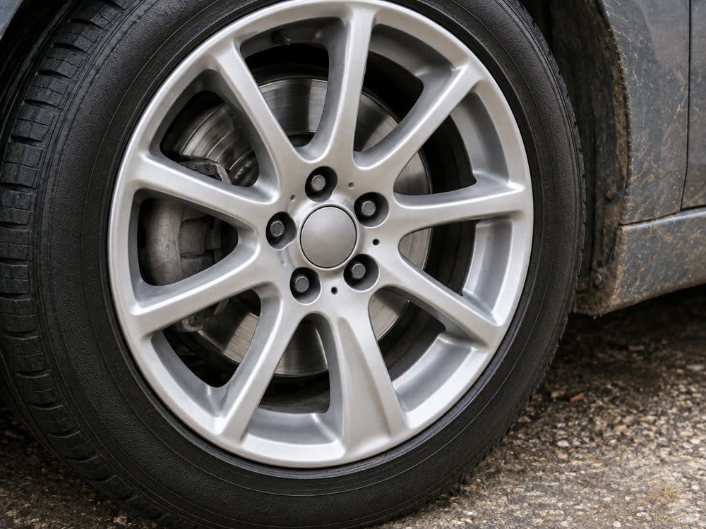 A cleaned alloy wheel on a gravel driveway
