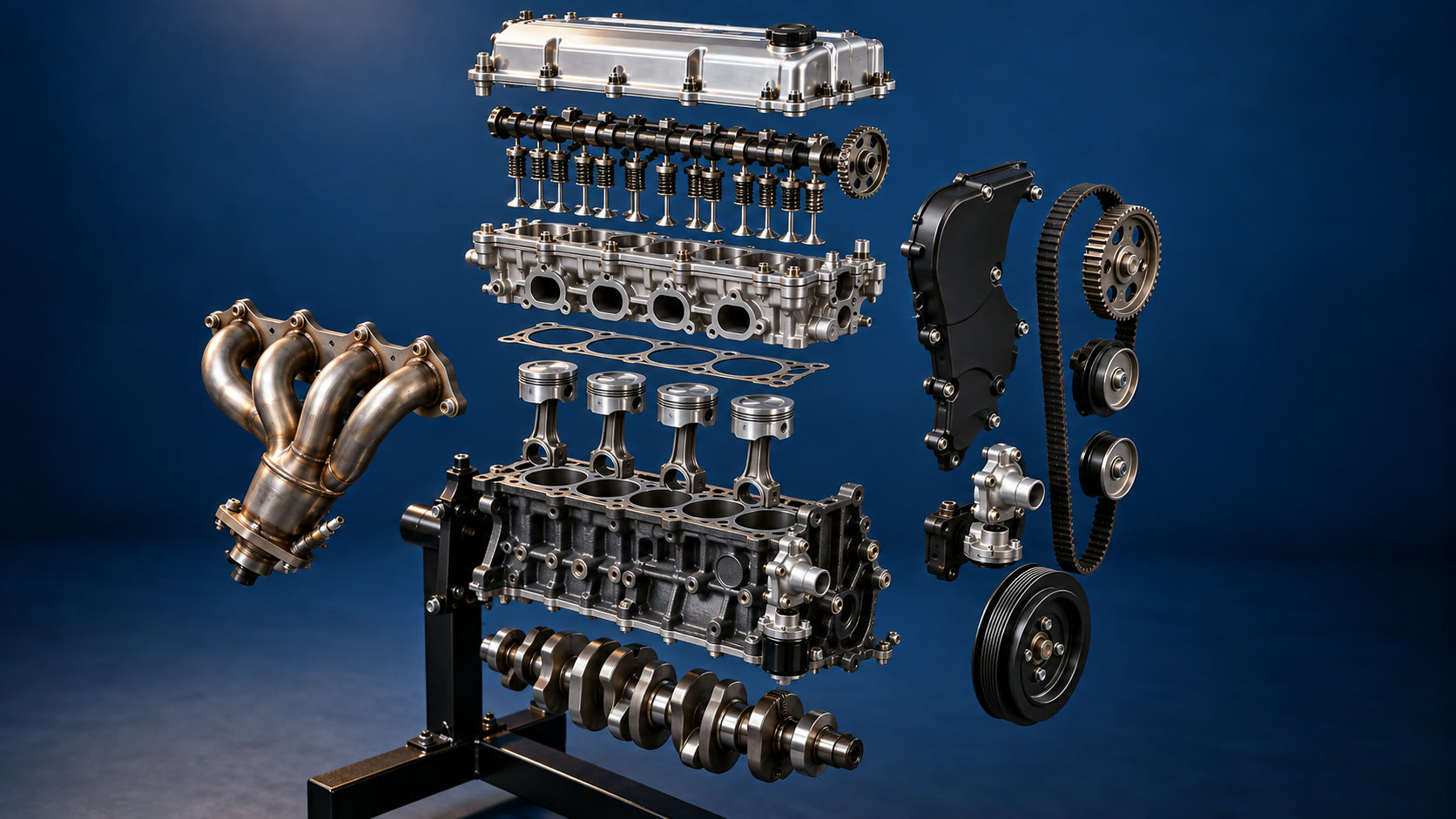 A car engine with every part lifted apart: cam cover, valves, cylinder head, pistons and crankshaft