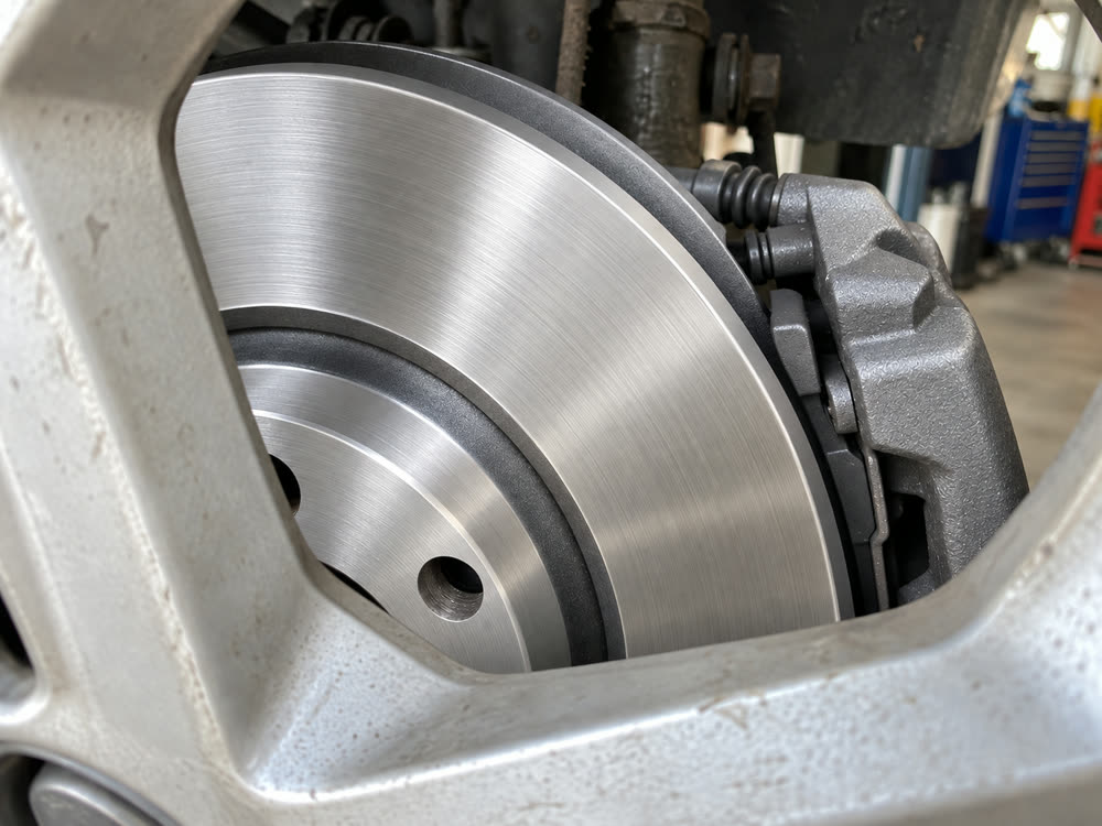 The new brake disc and pad, after the work