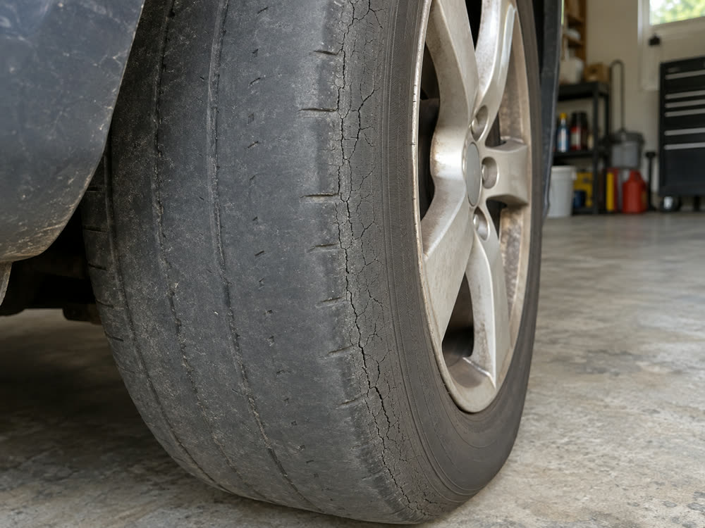 The worn tyres, before the work