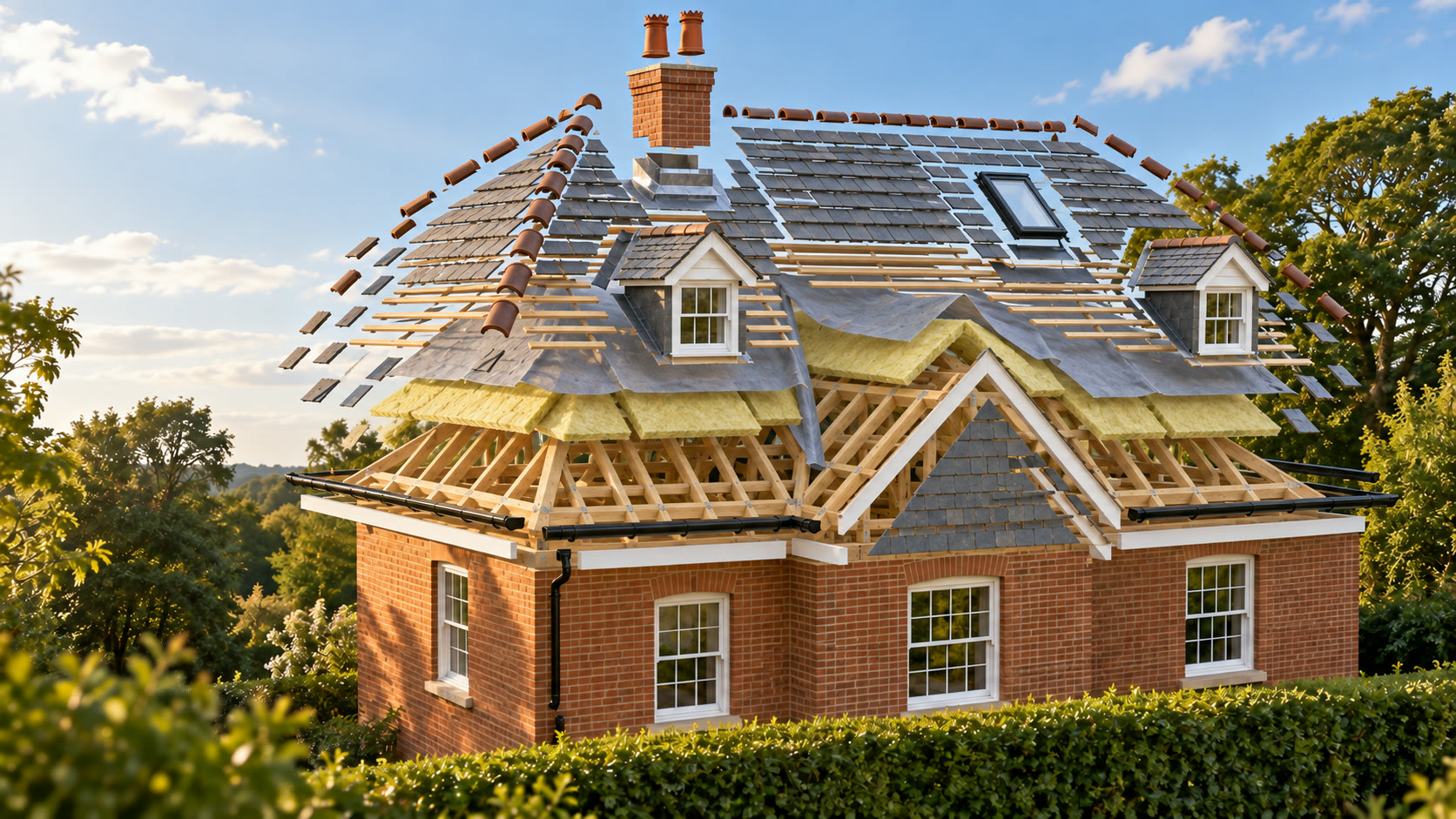A slate roof with each layer lifted apart: ridge tiles, slates, battens, membrane, insulation and rafters