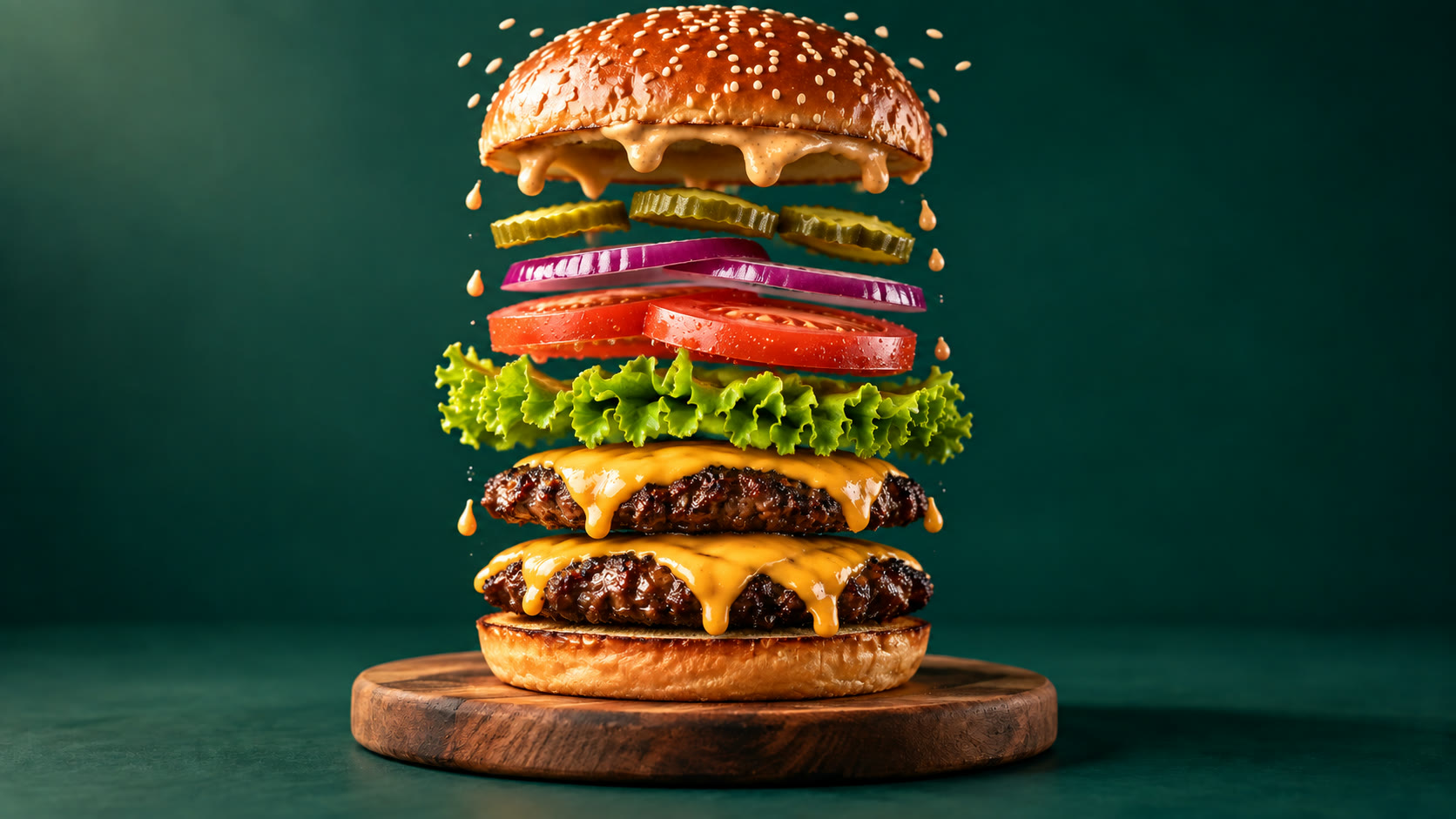 A burger with every layer lifted apart: bun, patties, cheese, salad and sauce